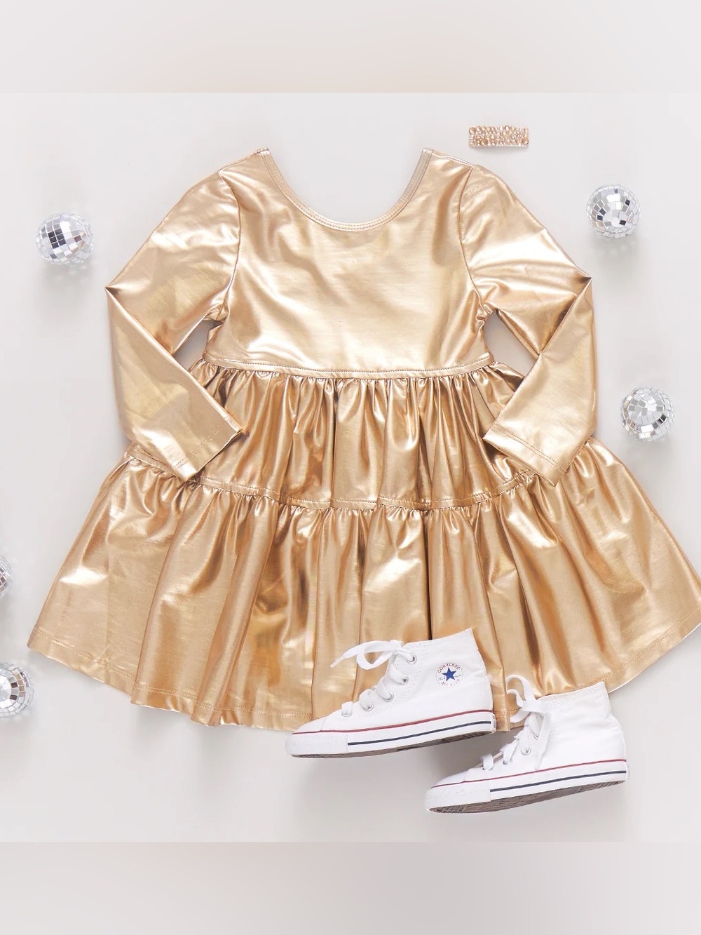 Pink Chicken Polly Metallic Gold Làme Long-Sleeve Tiered Dress Size 6